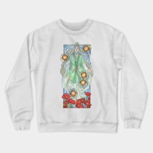 Lady of August with Peridot and Poppies Floating Obon Lanterns Water Goddess Mucha Inspired Birthstone Series Crewneck Sweatshirt